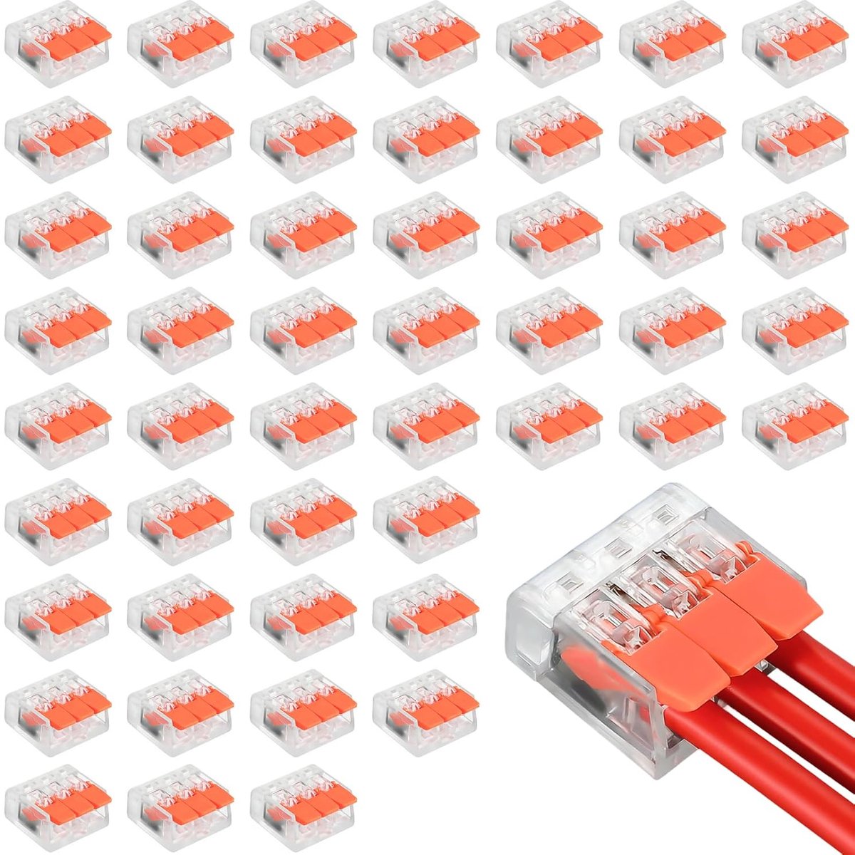 50 stuks elektrische connectoren 3 ingangen, elektrische aansluitklemmen 4,0 mm², transparante hendelklemmen voor kabels 24-14AWG autoverlichting, inline schakeling, PA/PC vuurvast