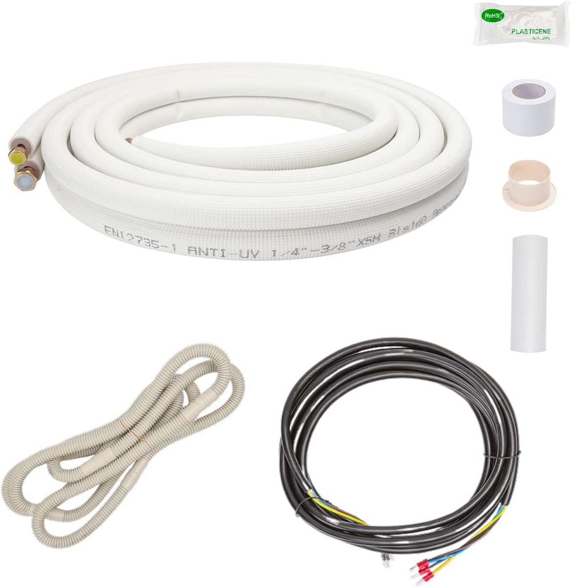 2x 5 meter 1/4+3/8 inch koperen leidingen, koelmiddelleidingen, geïsoleerde koperen buizen voor 9000/12000 BTU montageset