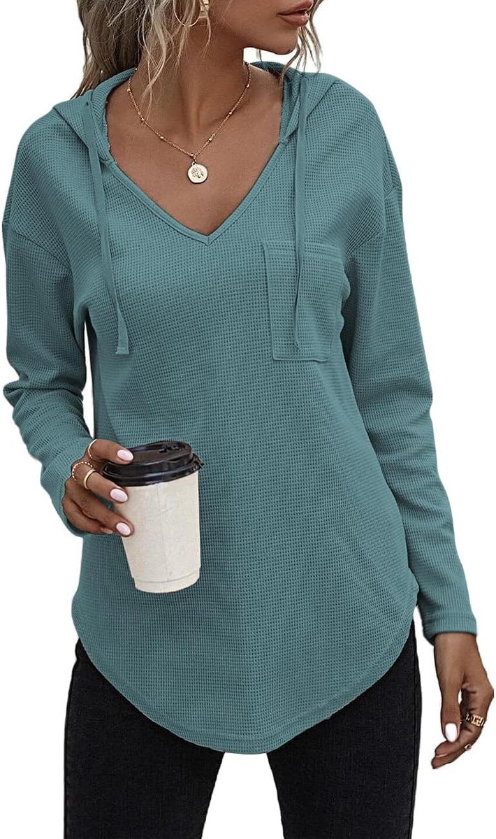 Pullover, dames, hoody, lange mouwen, V-hals, sweatshirt, effen, trekkoord, top
