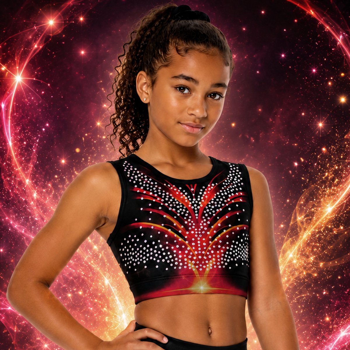 Fairysports Turntopje Grace Rood topje maat 116-122 meisjes gympakje rode met gekleurde steentjes