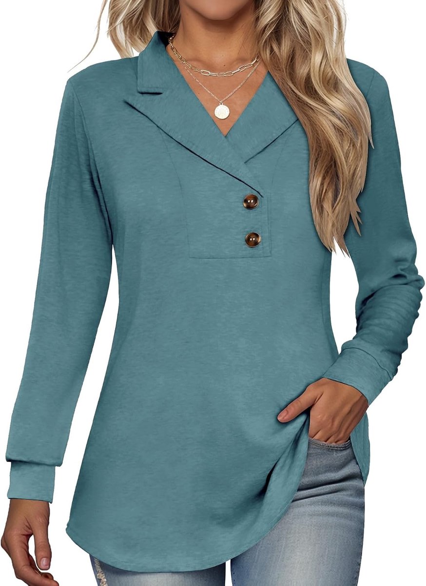 Lange mouw knop revers tuniek tops V-hals zakelijke casual swing sweatshirt pullover 2025