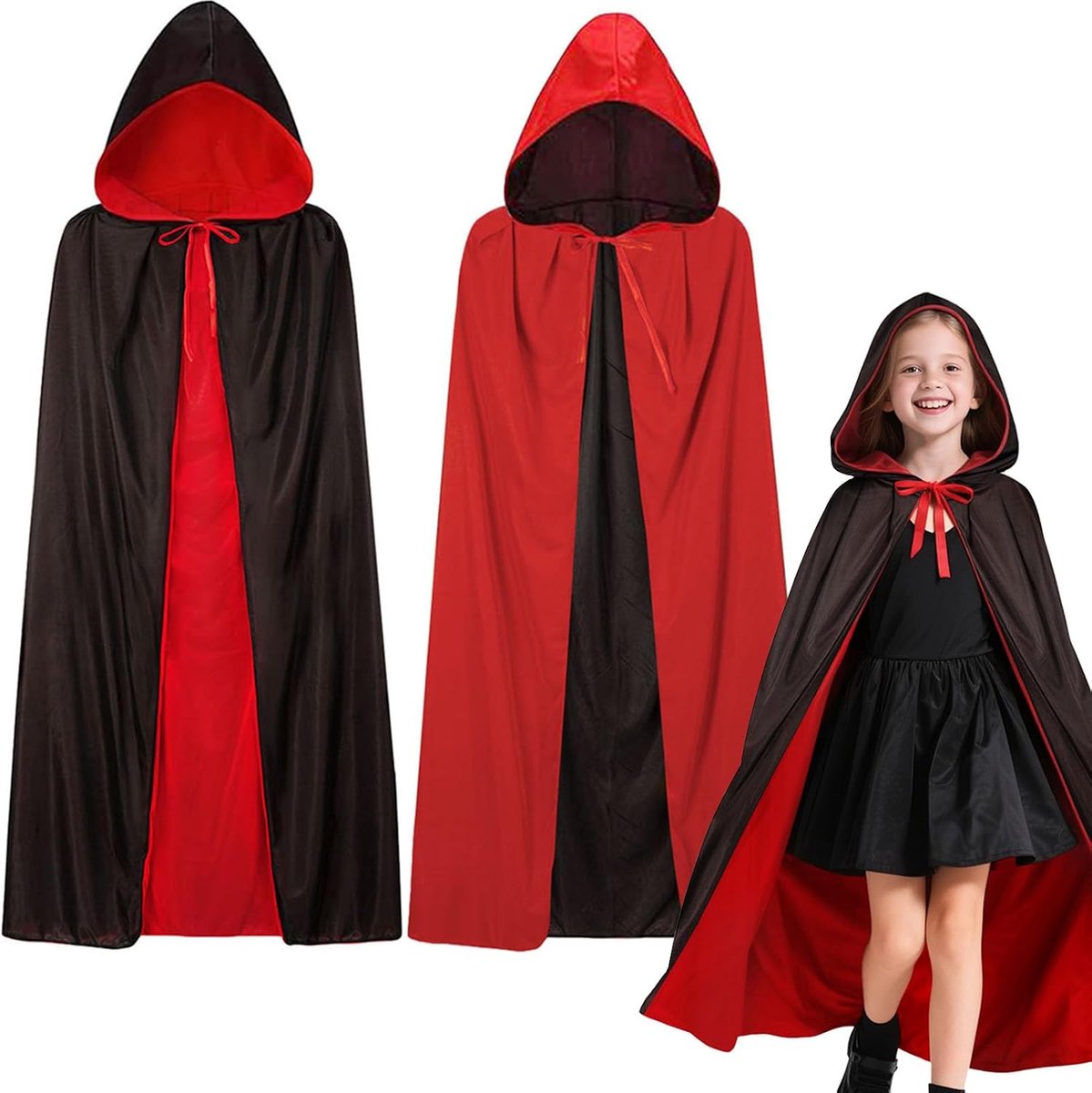 Cape met capuchon, 80/100/120 cm Vampiercape voor kinderen, Halloween vampierkostuum Dracula cape Vampiercapei Rood Zwarte capes Halloween kostuum Carnaval Cosplay Jongen Meisje