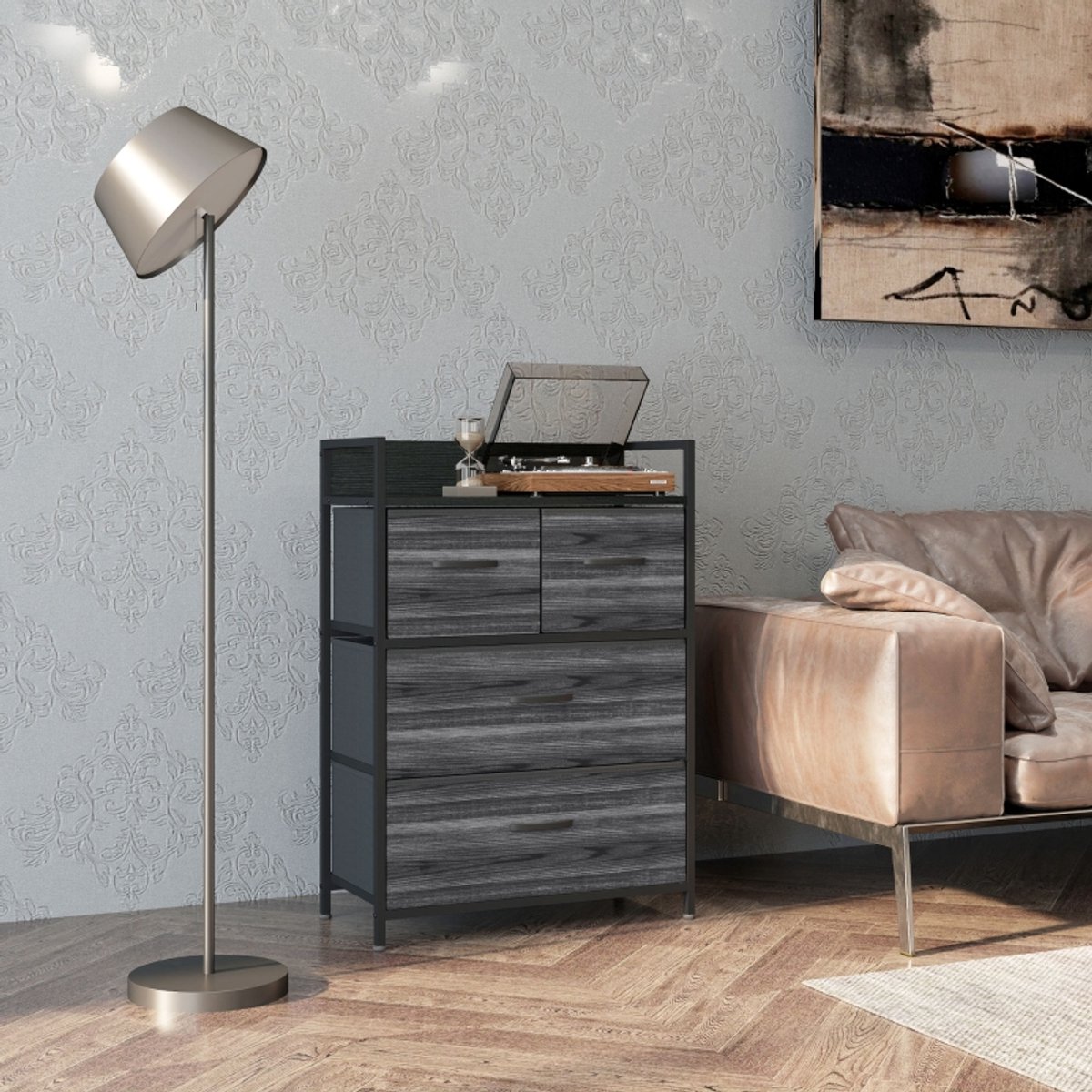 MIVRAY Kommode Met 4 Stoffen Lades Industrieel Design Voor Woonkamer En Hal Zwart Polyester Met Stalen Frame 60 X 29 X 85 Cm