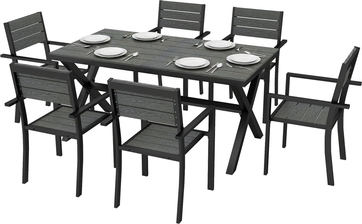Tuinmeubelset voor 6 Personen, 7-delige Tuinset met Tafel en 6 Stapelbare Eettafel en stoelen met houtnerf-afwerking, aluminium frame, Weerbestendig, voor Tuin, Terras en Balkon, grijs