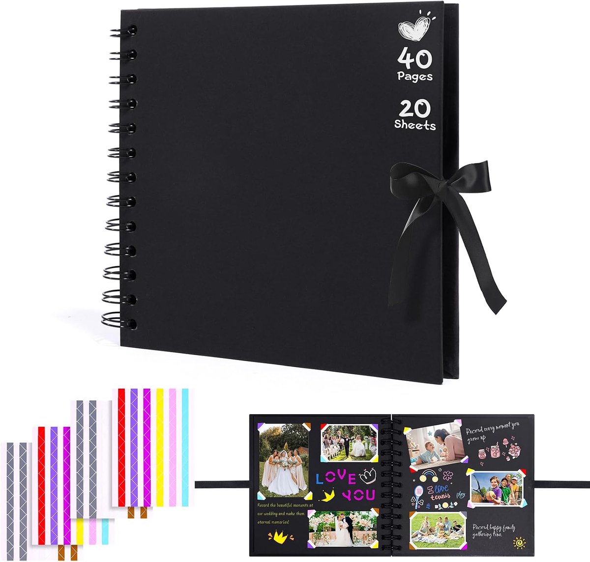 Fotoalbum - scrapbook - 18 - 5 x 17 - 5 cm - fotoalbum om zelf vorm te geven - 40 zwarte pagina's met 108 paar fotohoeken - doe-het-zelf jubileum - scrapbook - fotoalbums voor baby - verjaardag - Valentijnsdag