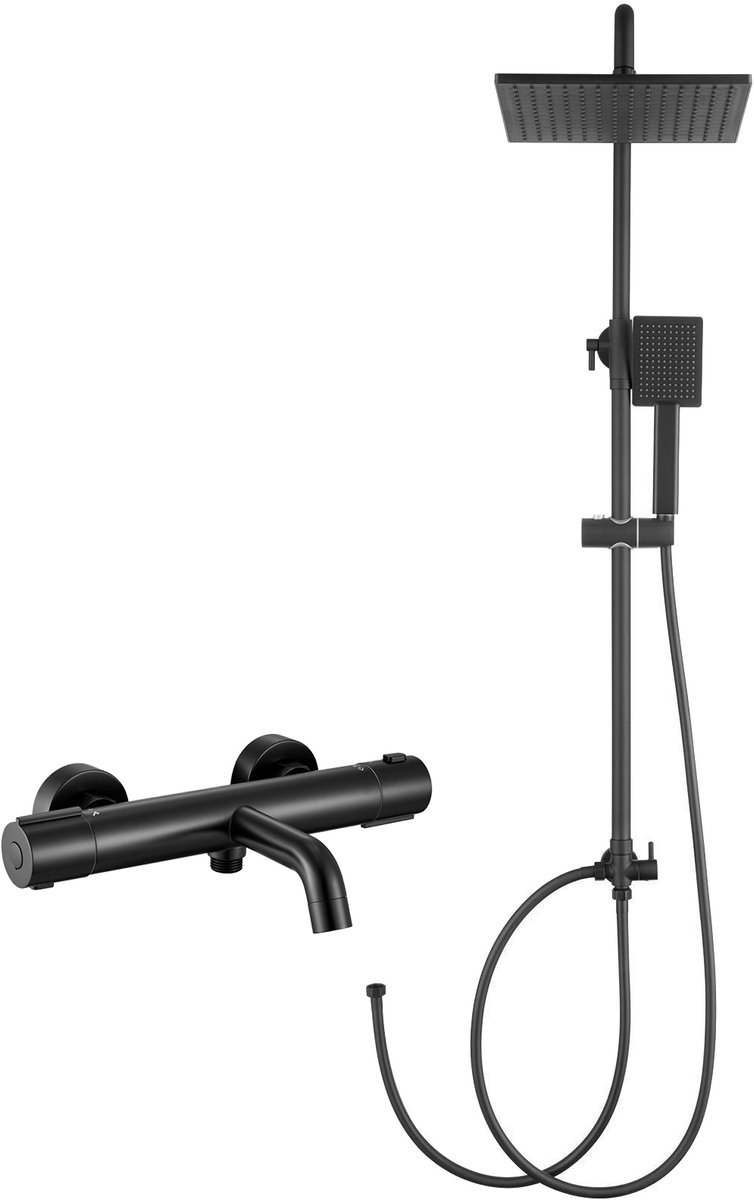 DERW Max Regendouche met Thermostaatkraan - RVS Doucheset - Regendouche Ø 25,4 cm - Handdouche Ø 8.5 cm - Verstelbare Hoogte - Inclusief Thermostatische Badkraan - Hartafstand 15 cm - Waterbesparend - Zwart
