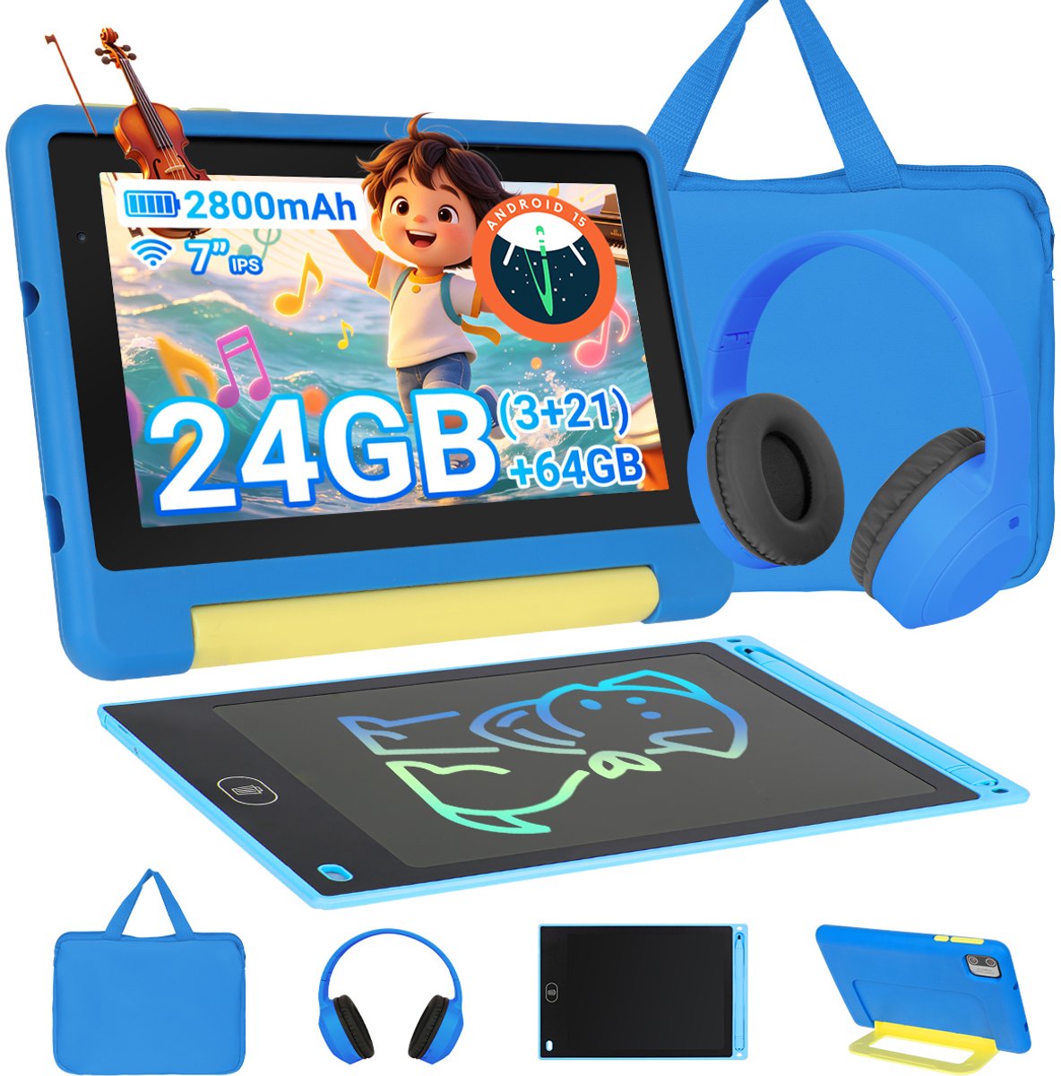 7 Inch Kinder Tablet - Android 15 Kindertablet - 24GB RAM + 64GB ROM - Kidsproof Tablet – Ouder controle – Vanaf 2+ Jaar - Met Beschermhoes, hoofdtelefoon, opbergtas - Blauw