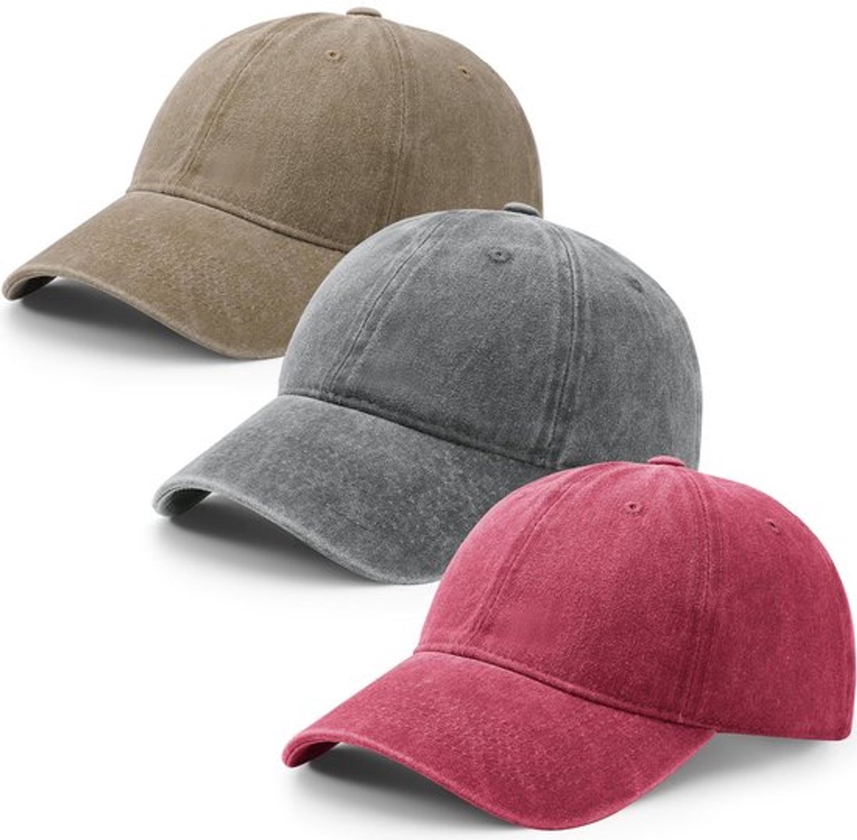 Casalora 3-delige Baseballpet – Jeanspet Unisex – Verstelbare Katoenen Pet – Zonnepet voor Dames & Heren – Kaki, Rood & Lichtgrijs – Sport & Vrije Tijd