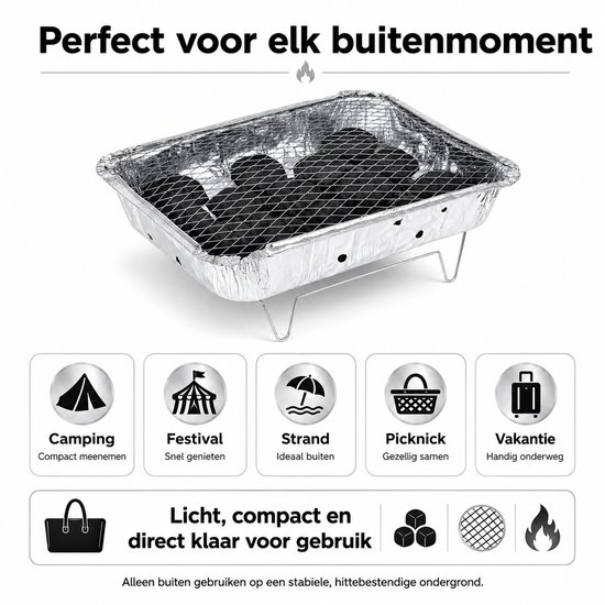 WDMT Wegwerpbarbecue 31 x 25 cm - Complete Eenmalige BBQ met Houtskool en Grillrooster - Draagbare Tafelbarbecue voor Camping, Festival, Strand, Picknick & Vakantie - Zilver — afbeelding 2
