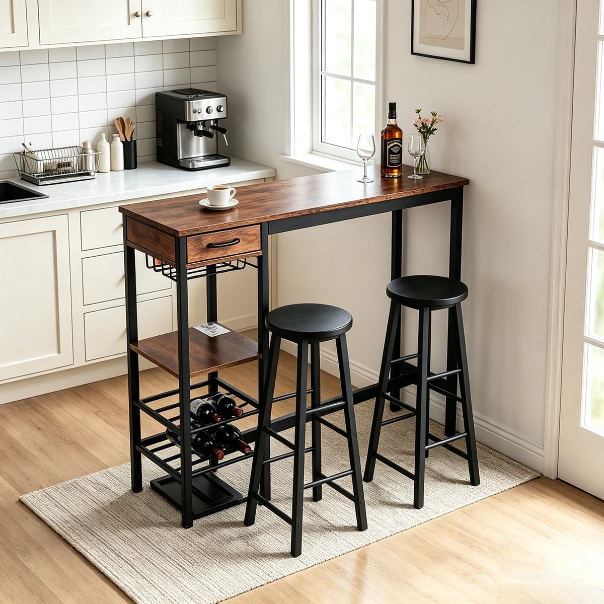 Hoge bartafel 100×40×90 cm, rechthoekig bruin eettafel, metaal‑hout, stoffen lade, houder voor wijnflessen & plank voor wijnglazen, voor keuken woonkamer eetkamer