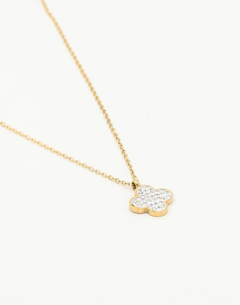 Ketting Klaver Steentjes Goudkleurig - 40cm + 5cm verlengstuk - Stainless Steel - Glow Adora