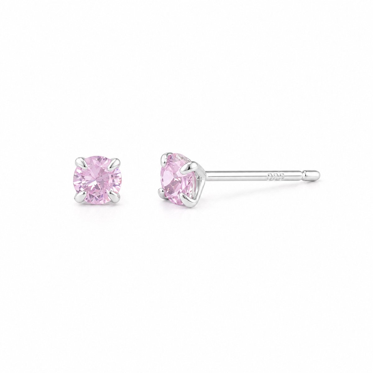 Zilveren dames oorknopjes rond minimalistisch 3mm roze kristal steentje in zetting silicone dopjes
