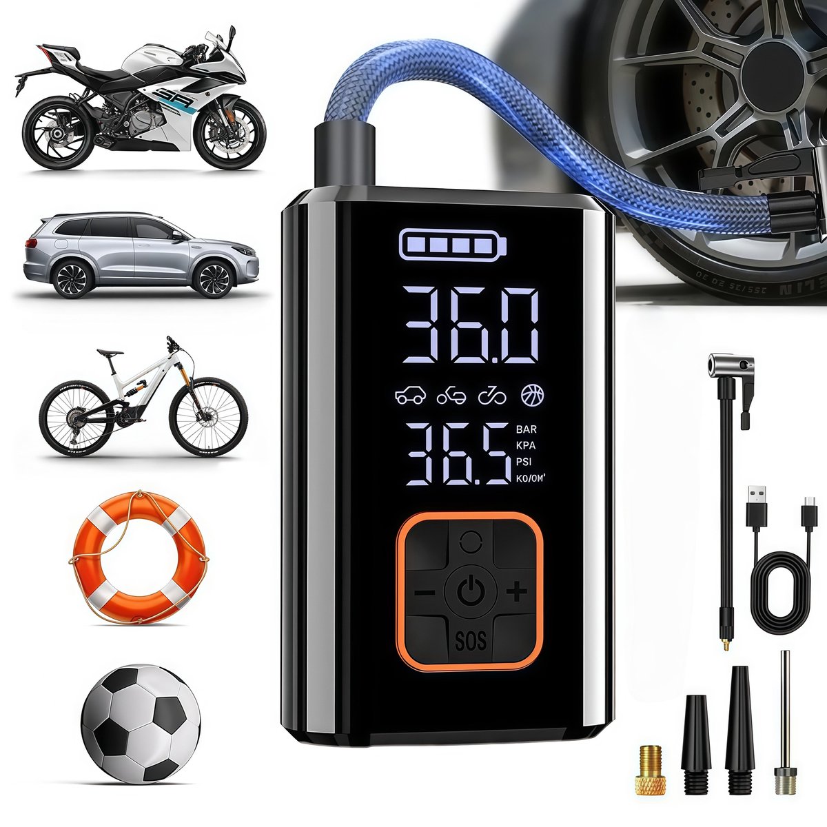 Claoner Draadloze auto bandenpomp - Draagbare compressor - Elektrisch - Intelligent - Voor auto en fiets