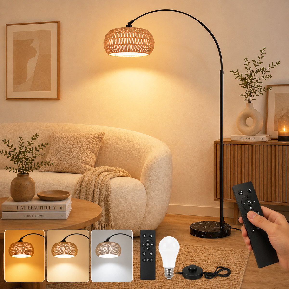 Lapamax Rotan Booglamp - Vloerlamp Dimbaar - Boho Staande Lampmet 3-in-1 Rotan & Stoffen Lampenkap - Afstandsbediening, APP & Voetschakelaar - 360° Draaibaar & Hoogte Verstelbaar 185 cm-hoeklamp voor Woonkamer Slaapkamer Leeshoek Kantoor