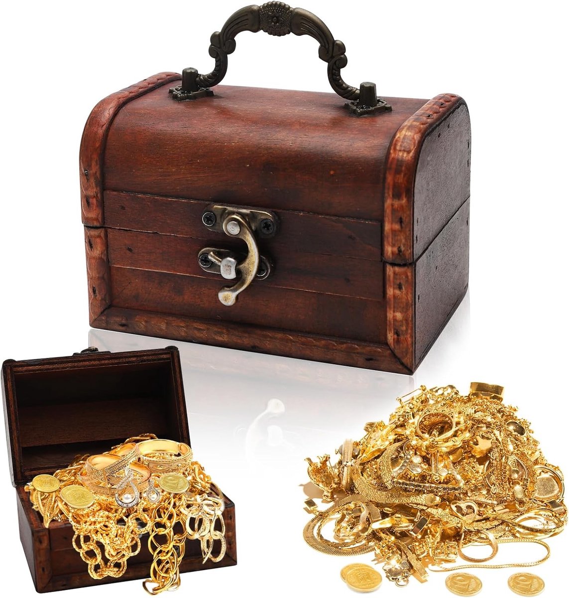 Kleine Houten Schatkist Vintage Opbergdoos voor Kinderen met Handvat in Rood en Bruin - Perfect als Piratenschatkist voor Sieraden en Munten