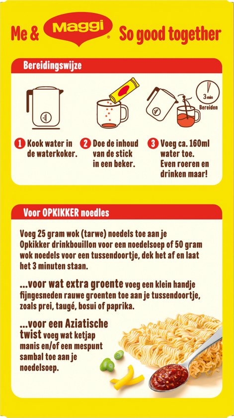 Achterzijde verpakking Maggi Opkikker met instructies voor bereiding en receptidee voor noedelsoep.