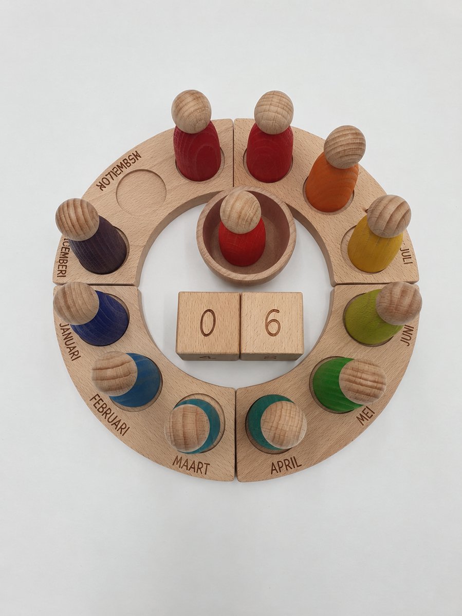 Houten kalender voor kinderen - 12 poppetjes - Nederlandstalig - Maanden en Datum leren - Open einde speelgoed - Educatief speelgoed - Montessori