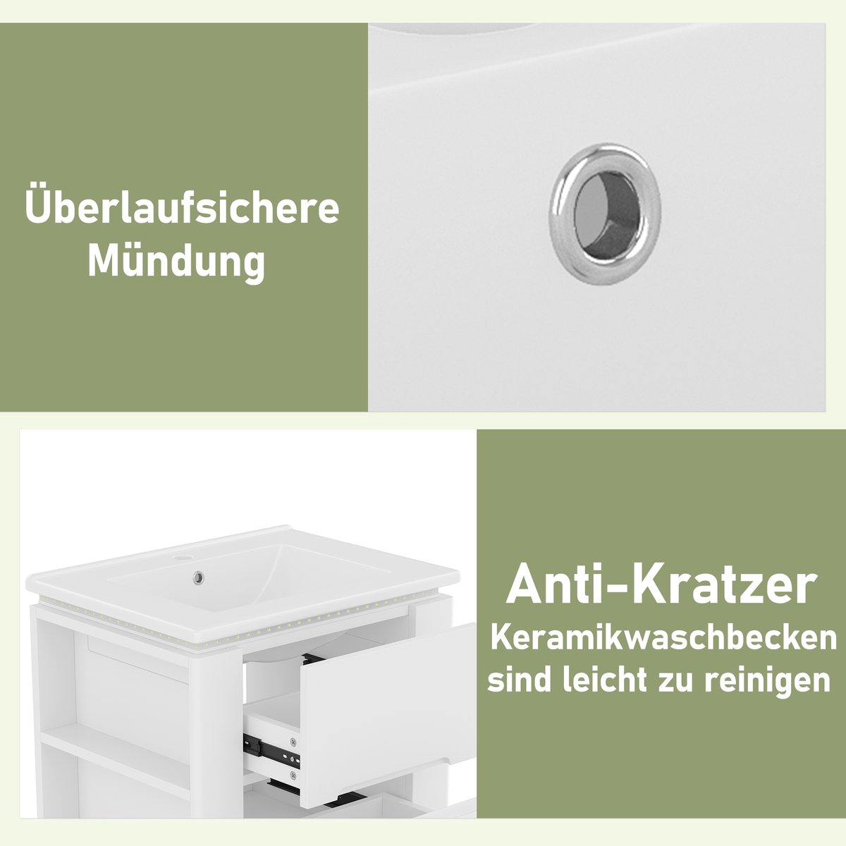 Hangend badkamermeubel met wastafel - LED radarsensor verlichting - 61x46x48,5 cm - Wit - 2 stille lades & 2 zijrekken - Geïntegreerd keramisch bekken - Volledig gelakt
