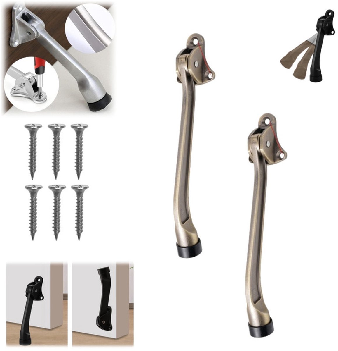 2 Deurstoppers – Met één hand verstelbare metalen deurstop – Zinklegering – Met rubberen stootkussen – 19 cm – Geschikt voor binnen- en buitendeuren en balkondeuren – deurstopper - zware deurstopper - hoefijzer deurstopper - voor binnen en buiten
