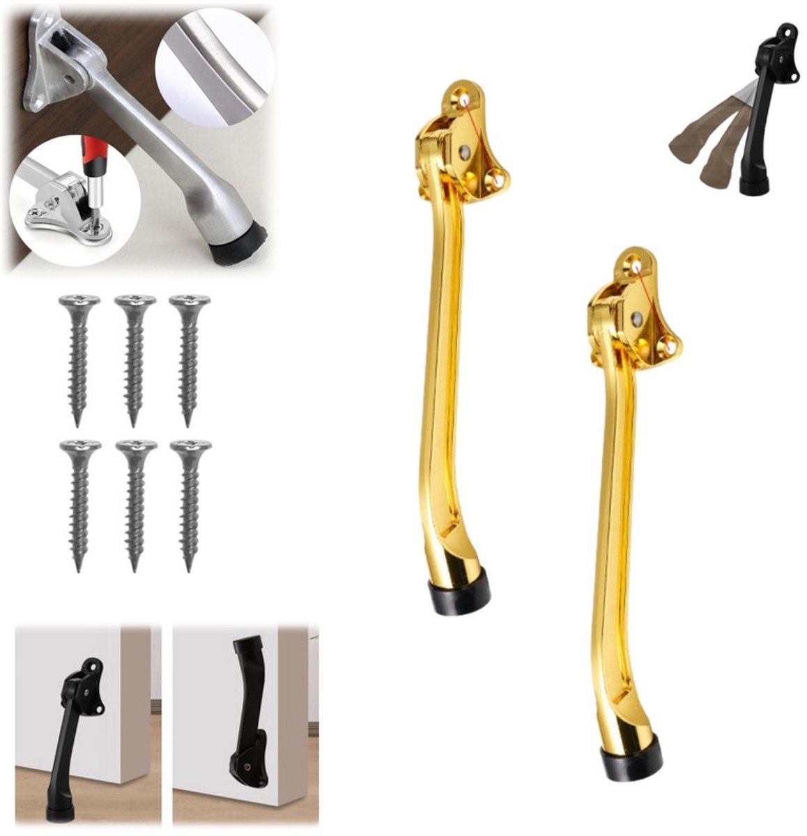 2 Deurstoppers – Met één hand verstelbare metalen deurstop – Zinklegering – Met rubberen stootkussen – 19 cm – Geschikt voor binnen- en buitendeuren en balkondeuren – deurstopper - zware deurstopper - hoefijzer deurstopper - voor binnen en buiten