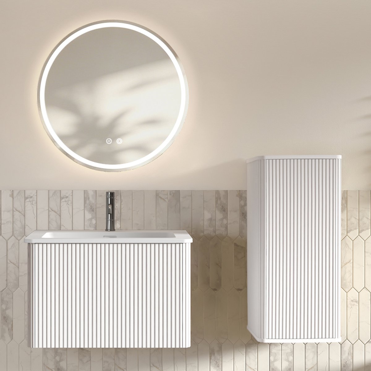 Badkamermeubelset met wastafel, ronde LED-spiegel en opbergkast - Complete set voor kleine badkamer - 60 cm - Wit - Verticale groeven - Antidamp ronde spiegel - Voorgemonteerde wastafelkast