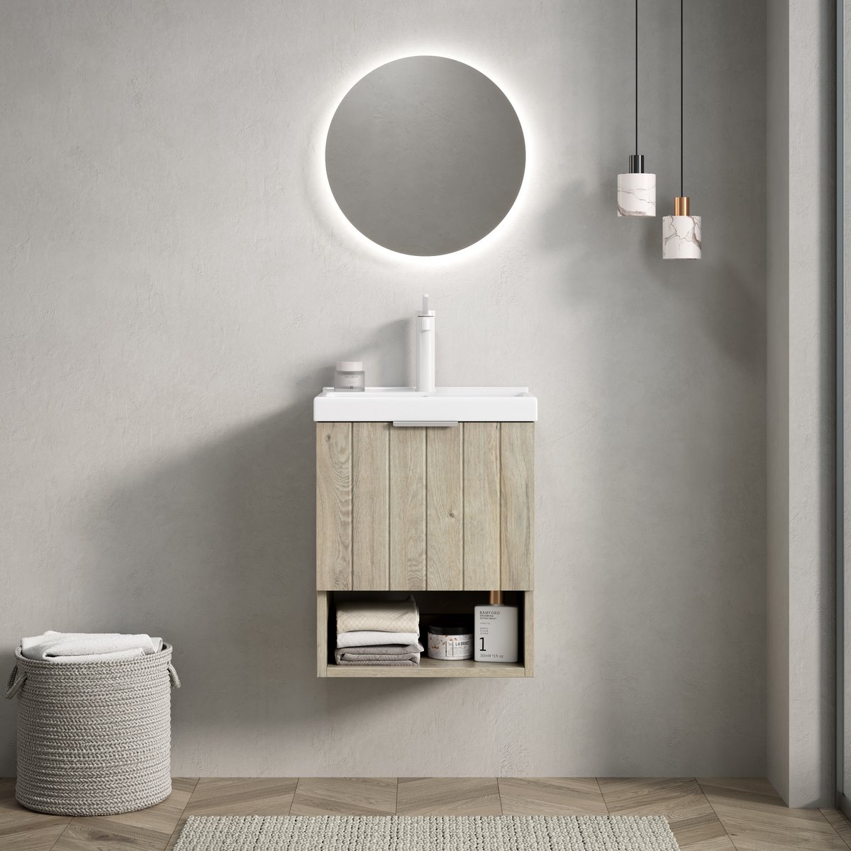 Hangend wastafelmeubel met keramisch bekken - Ruimtebesparend voor kleine badkamer - 42 cm - Crème eiken - Gestreepte massief houten deuren & open rek - Dempende sluiting - Voorgemonteerd