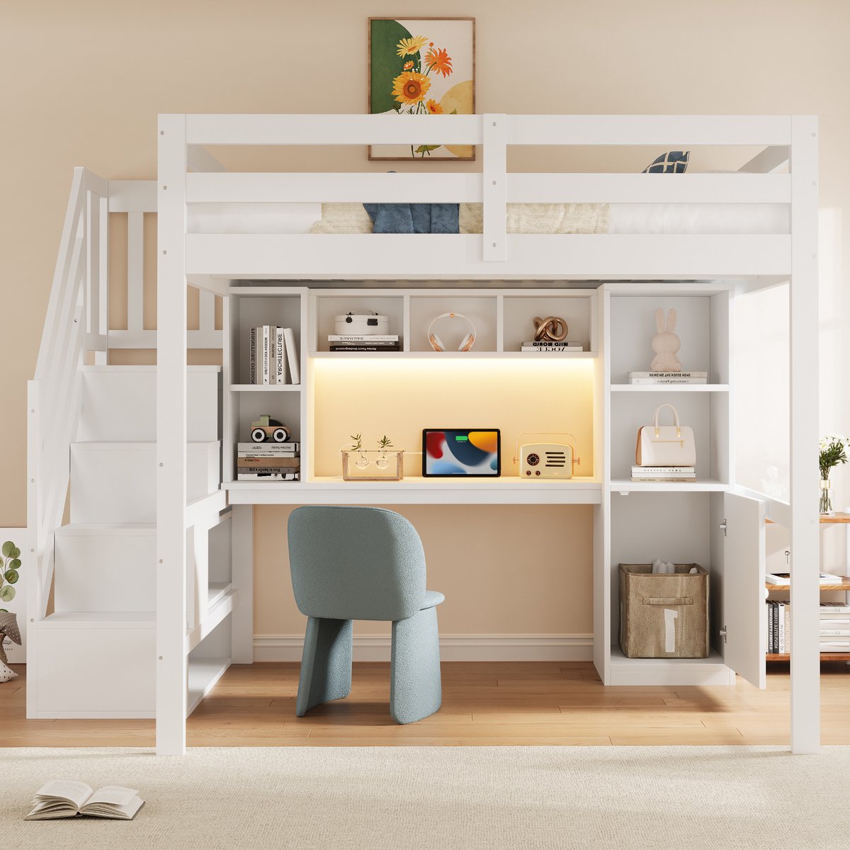VVBV Hoogslaper 140x200 cm - Met Bureau, Uitvalbeveiliging, Opbergtrap, Stopcontact - Wit, Hout