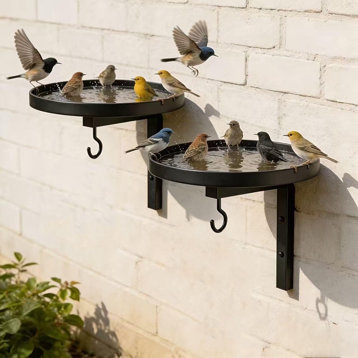 Wandgemonteerde Vogelbad Schaal met Haak – Metalen Vogelbadje voor Tuin – Zwart – Voor Kleine Tuinvogels – Balkon, Schutting en Terras – Zonder Vogelvoederbakje of Accessoires – 1 Stuk