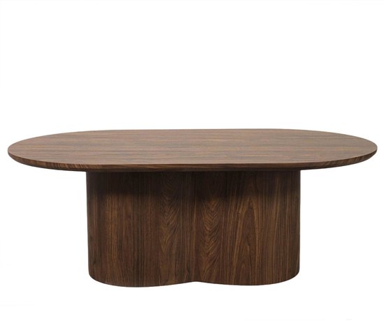 Ovale salontafel Rumi met een walnootkleurige houten afwerking en een cilindrische voet.
