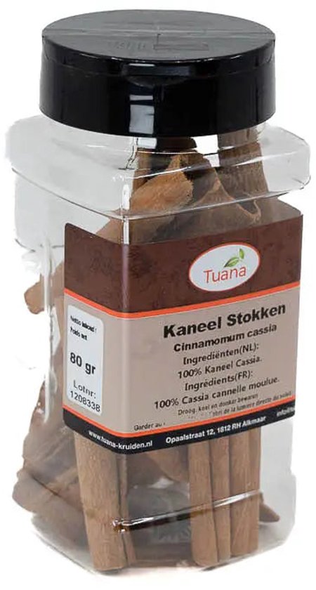 Pot met kaneelstokjes, 80 gr, met etiket 'Tuana Kaneel Stokken Cinnamomum cassia'