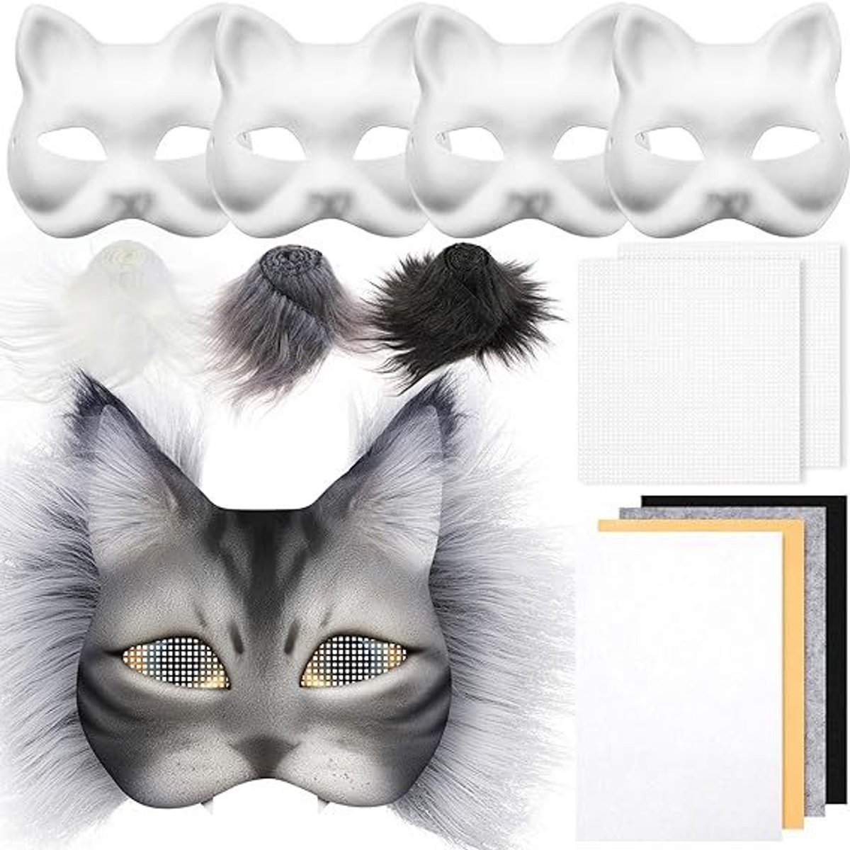 DIY Kattenmaskerset - 4 stuks - Onbewerkte Basis Maskers - Zelf Ontwerpen en Schilderen - Geschikt voor Knutselen en Kostuums - Lichtgewicht en Comfortabel - Creatief Accessoire voor Feestjes en Rollenspel - Eenvoudig aan te Passen