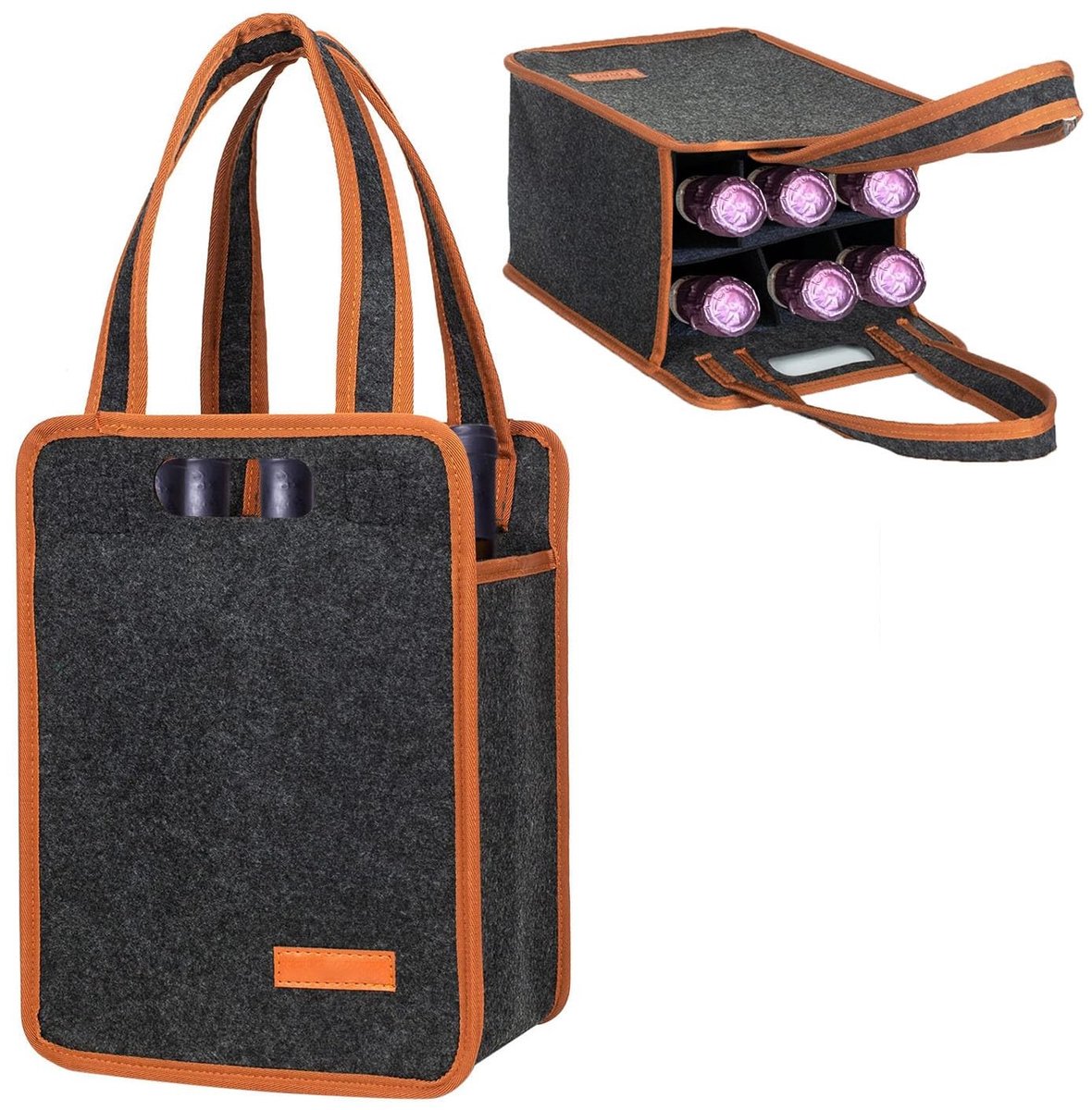SolidKeus - Felt Bottle Carrier voor 6 Flessen met Handvat