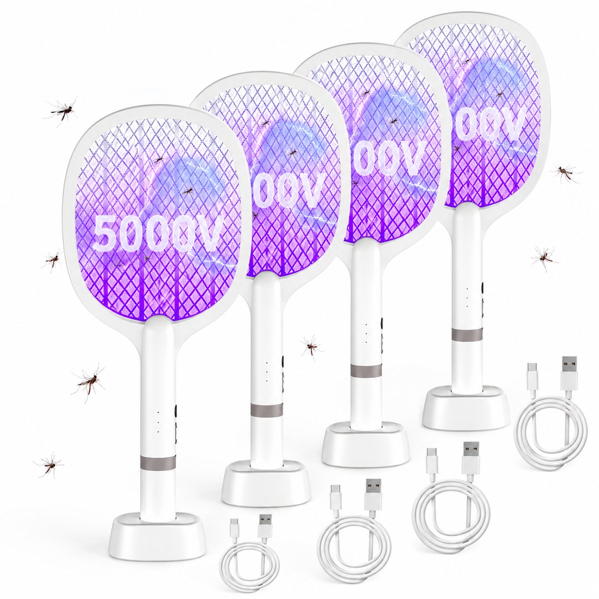 5000V Electric Fly Elektrische Vliegenmepper, Extra Sterke Vliegenmepper Elektrisch, 2 in 1 USB Type-C Elektrische Muggenmepper met Oplaadbare Batterij & UV Lichtval voor Muggen, Vliegen - 4 stuks