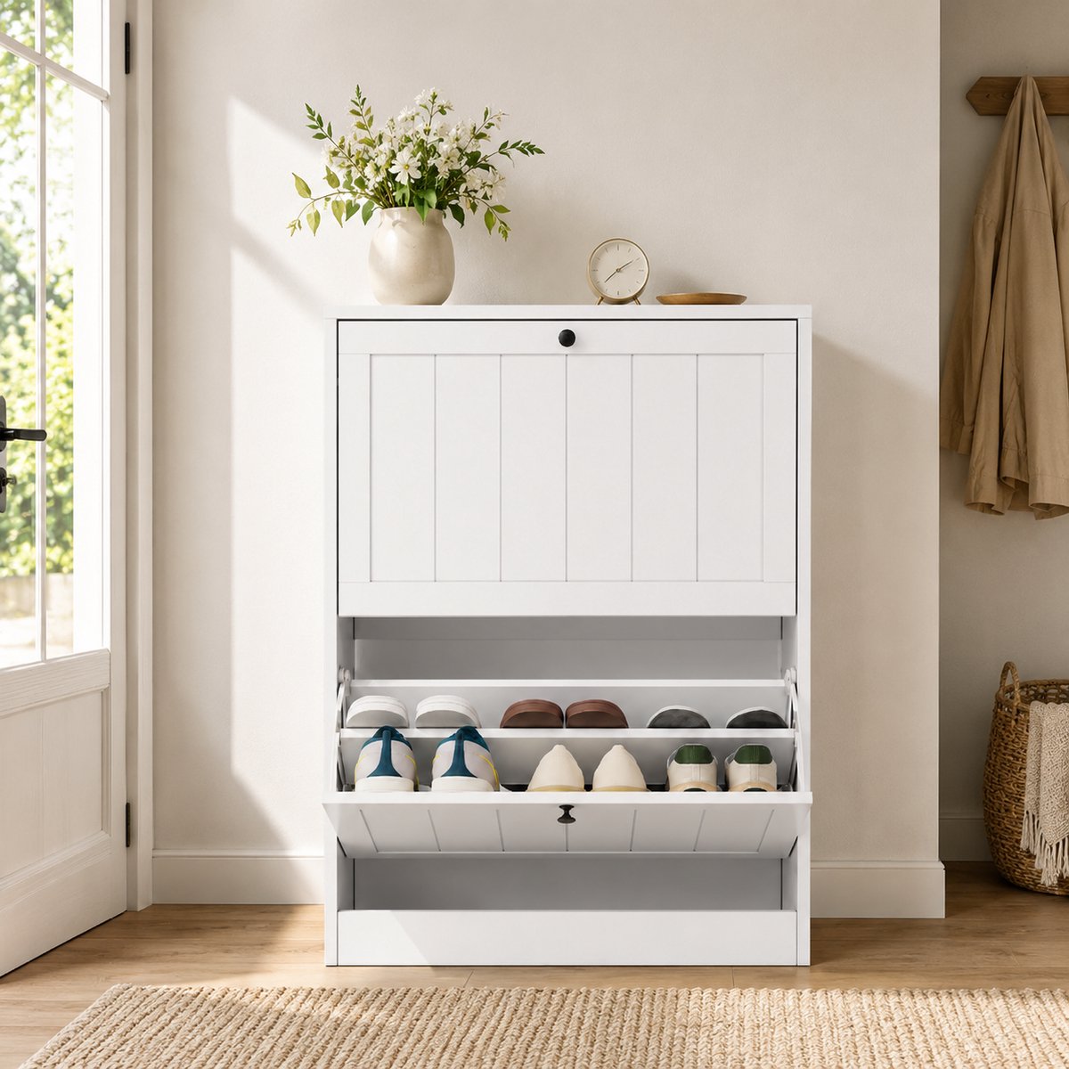 Schoenenkast 60x24x80 cm – Smalle Vrijstaande Opbergkast met 2 Klepdeuren – Verstelbare Planken – Schoenenopberger voor Hal, Gang en Entree – Wit