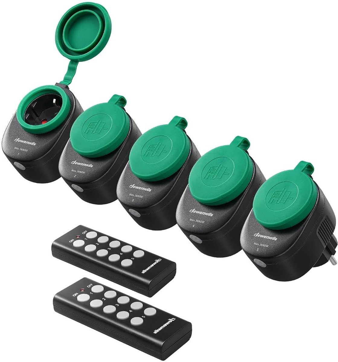 Draadloze Buitenstopcontacten met Afstandsbediening, 16 A, 3680 W, Programmeerbare Sockets, IP44, 5 Stuks voor Tuinverlichting en Feestdecoratie, 30 m Bereik, Zwart