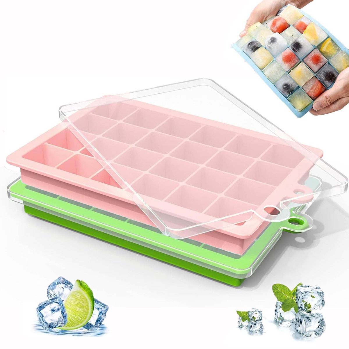 SolidKeus - Set van 2 Silicone IJsblokjesvormen met Deksel