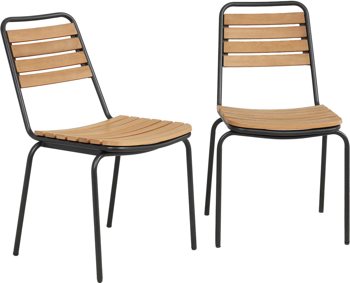 Set van 2 Naturel, Stapelbare Buitenstoelen met Rugleuning, Weerbestendige Tuinstoelen, Outdoor Stoelen voor Tuin, Terras, Balkon en Veranda