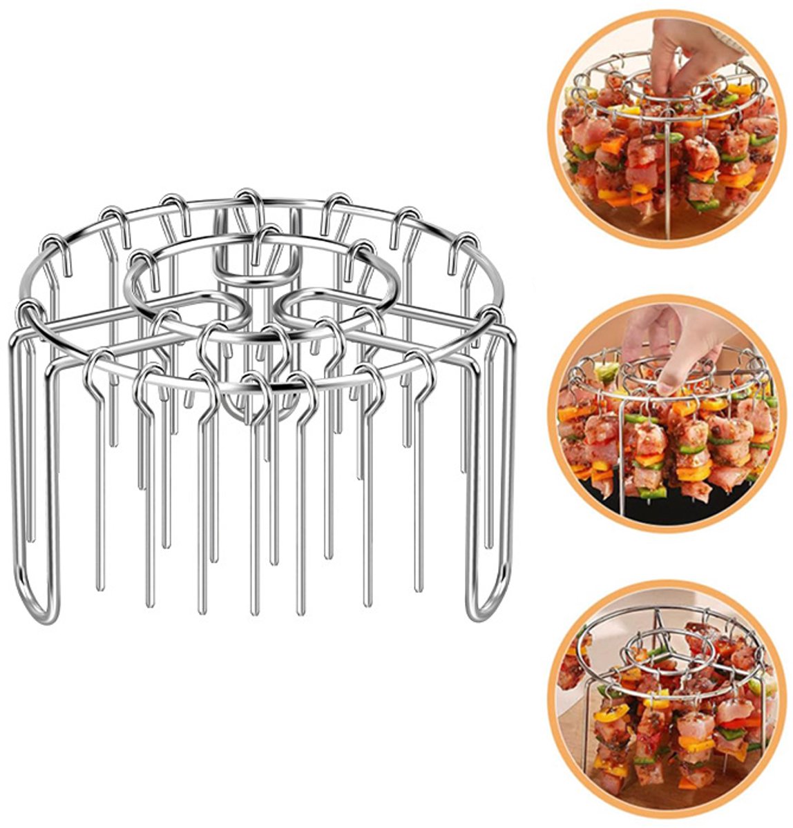 Ronde roestvrijstalen barbecuegrill - Spiesjes voor airfryer - Vleesspiesrek - Verticale grill - Barbecuegrill - Keukengerei - 16*10 cm - 24 spiesjes - Geschikt voor barbecue, buiten, keuken, enz. - Zilver