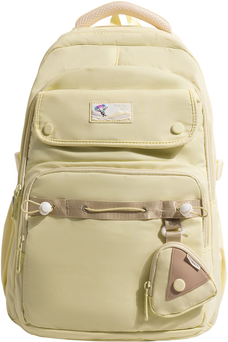 Meisjes Rugzak voor School – Grote Schoolrugzak met Veel Vakken – Nylon Rugzak met Klein Tasje – 42 × 32 × 14 cm – Voor A4, Tablet en Paraplu – Geel