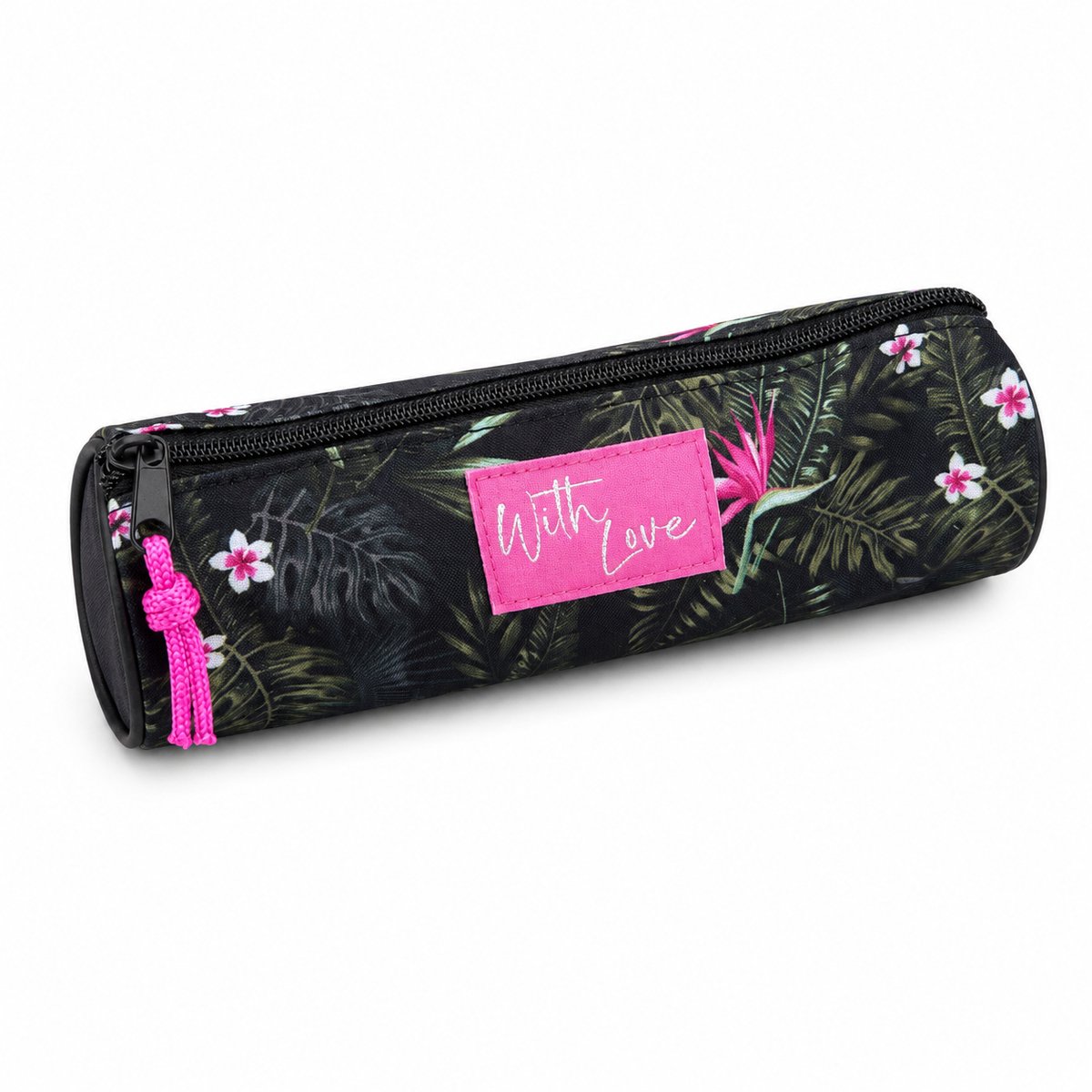 Benza - Etui Jungleprint – 23 × 8 × 8 cm – Rond Pennenetui met Tropische Bloemenprint