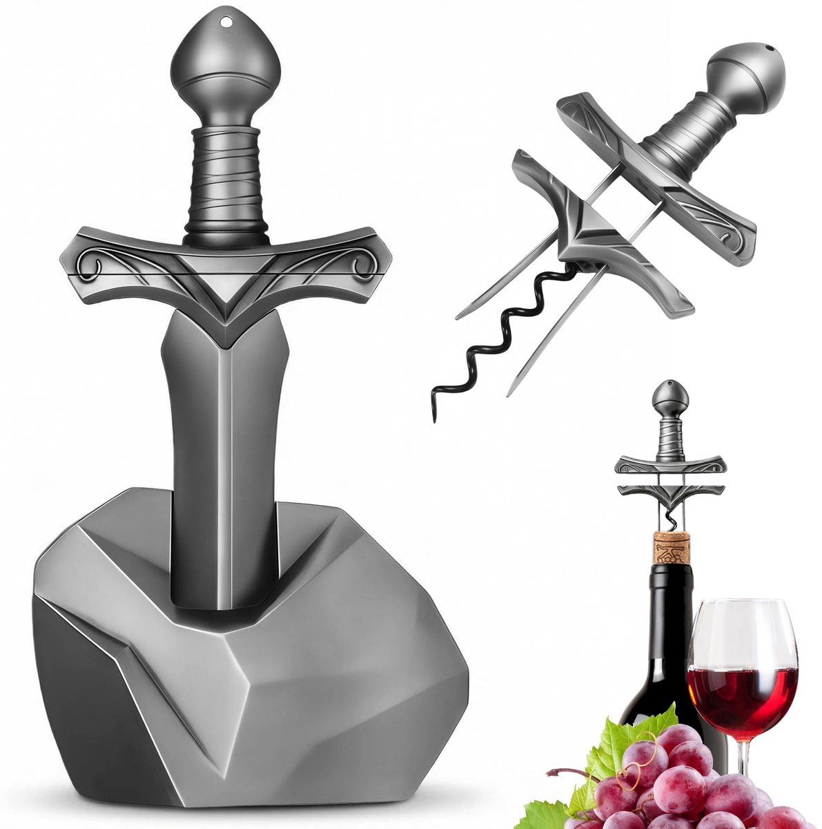 SolidKeus - Premium Wijnopener in Excalibur Vorm met Steenbasis
