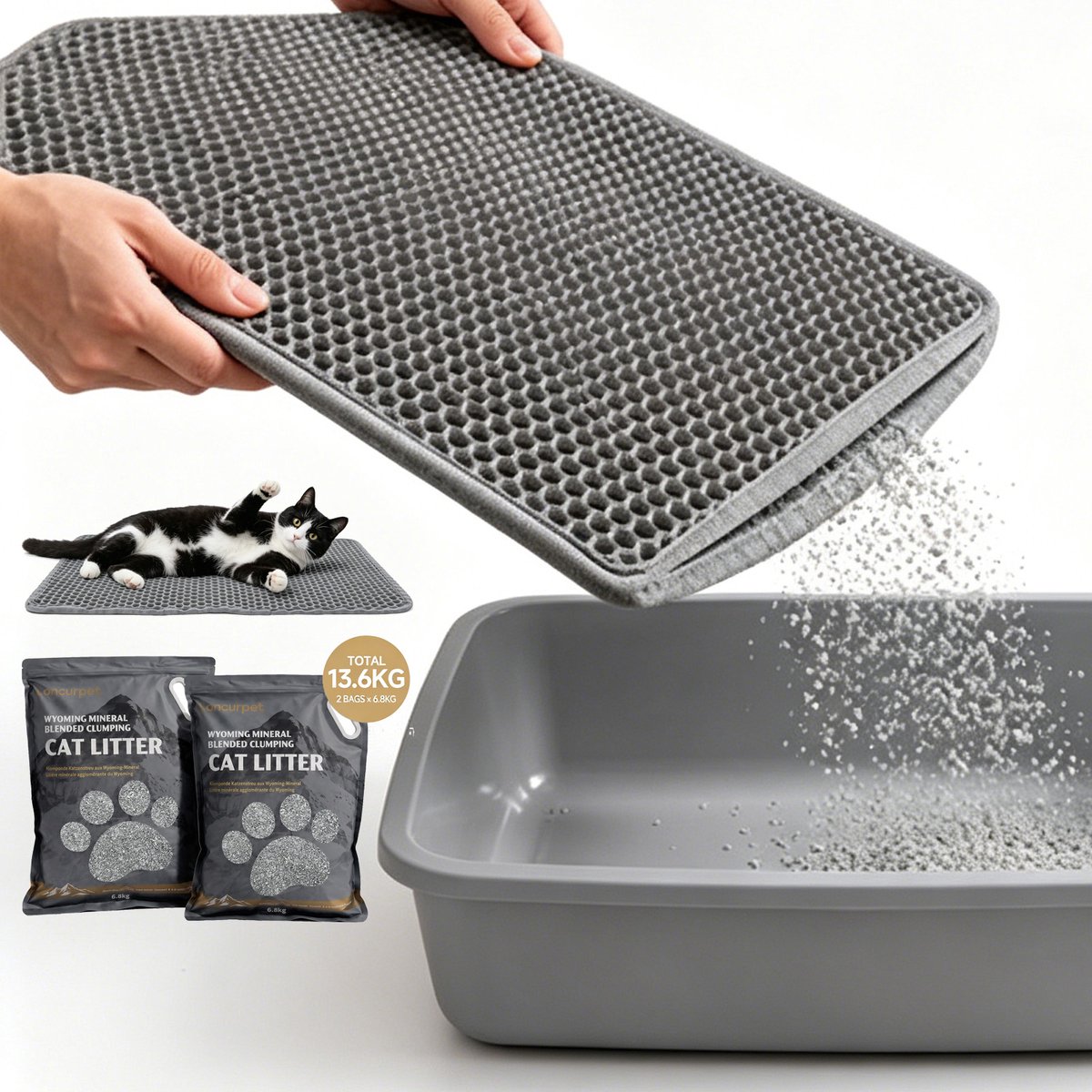 Loncurpet Kattenbakmat - 60x40cm Grijs - Met Wyoming Natrium Bentoniet Klei +Cassava Kattenbakvulling - Kattenbakvulling Opvang ruimte - Grit opvanger Uitloopmat - Honingraatstructuur - Waterdicht - Eco friendly - Kattenmat