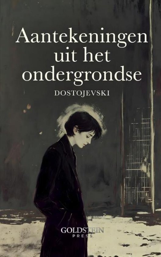 Couverture de livre avec le titre 'Aantekeningen uit het ondergrondse' de DOSTOJEVSKI. Portrait dessiné d'une jeune personne en vêtements sombres, avec une auréole de lumière derrière la tête.