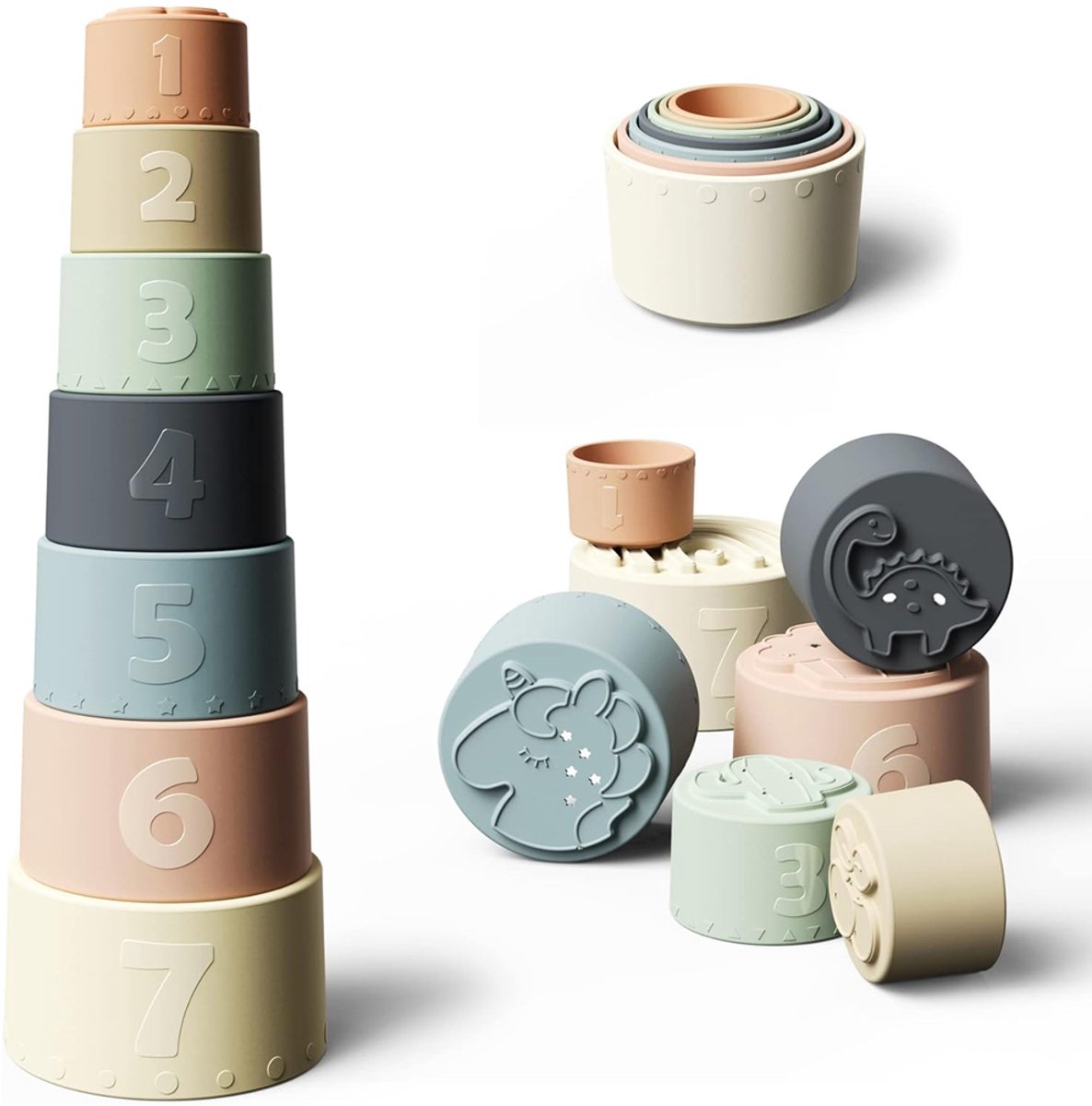 7-delige Stapelbekers Voor Baby's - Montessori Speelgoed - Baby Speelgoed - Stapeltoren - Educatief Speelgoed - Zacht Siliconen Bijtspeeltje - Vanaf 6 Maanden - Cadeaus Voor Jongens en Meis