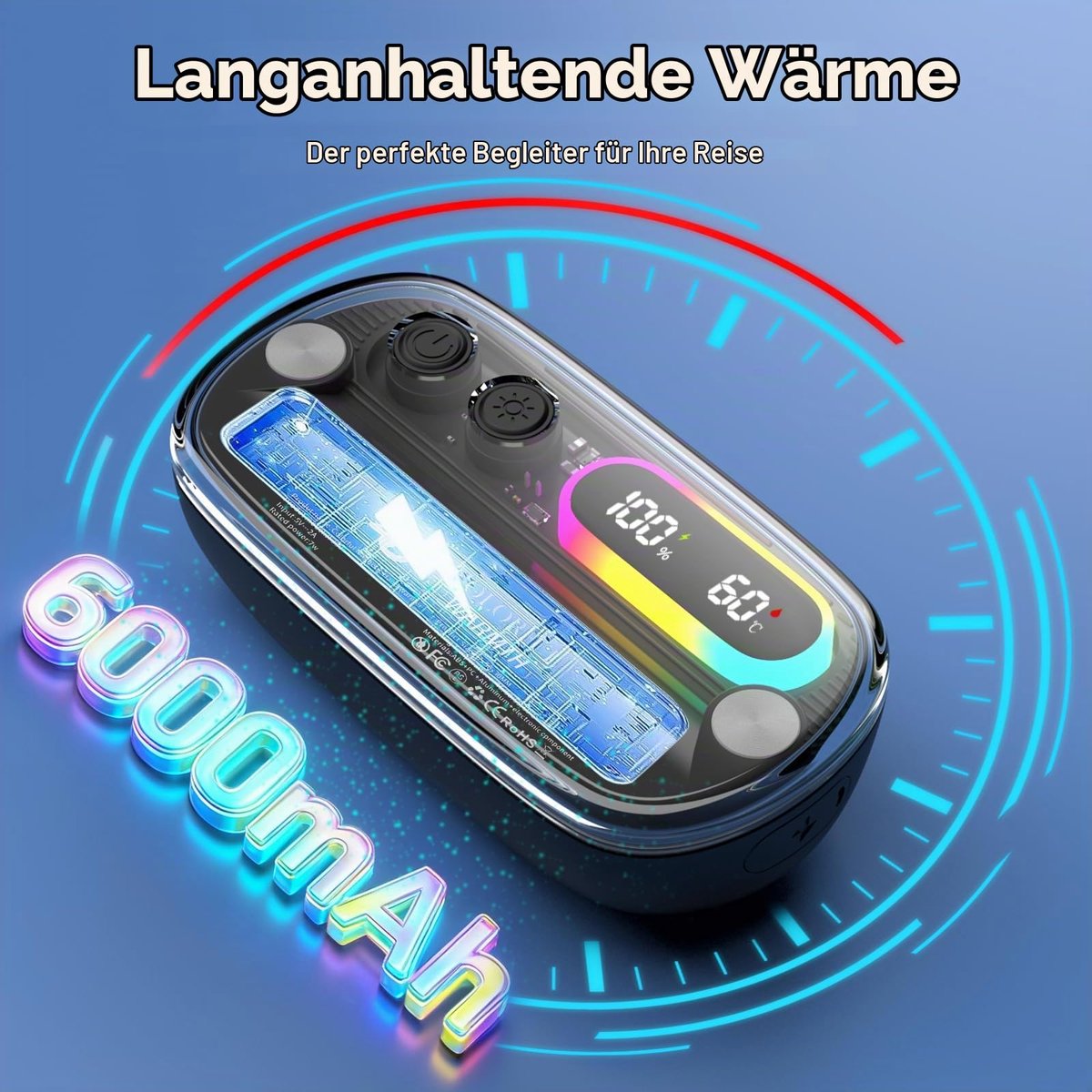 Namajunas - Elektrische hand warmer - 4 standen temperatuur regeling - Toont temperatuur en batterij percentage - Met RGB verlichting - Langdurige warmte - De perfecte winter musthave - Magnetisch handwarmer voor in de zak - Draagbare - Mini — cadeau in Gadgets - foto 8