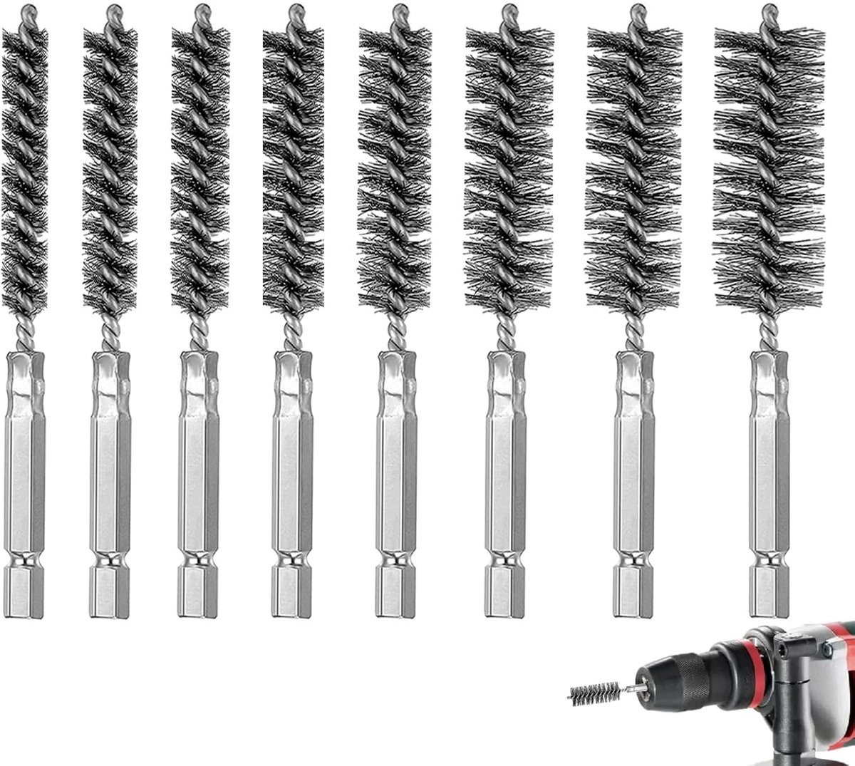 Set van 8 Draadborstels voor Boormachine, Diverse Maten, Cilinderborstel, RVS Borstel voor Polijsten en Schuren, Ideaal voor Metalen en Houtbewerking