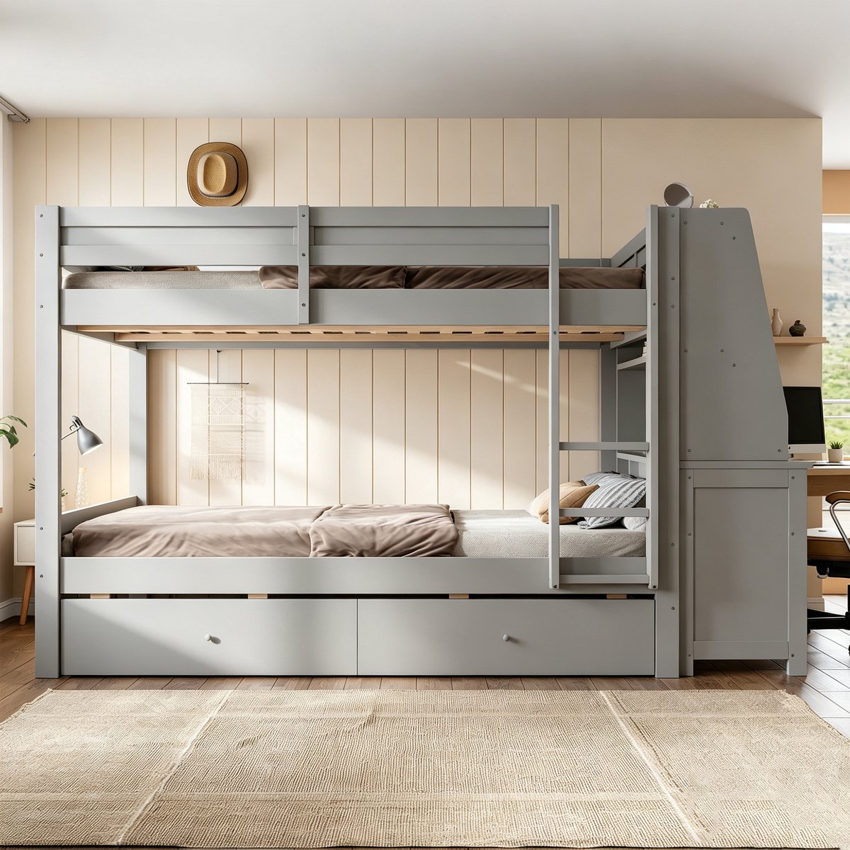 VVBV Stapelbed 140x200 cm - Met Bureau, Uitvalbeveiliging, Opbergtrap, Met Lades - Grijs, Hout