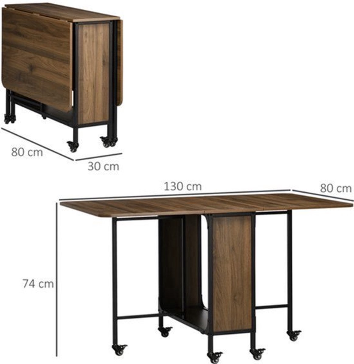 Mobiele Inklapbare Tafel – Opvouwbare Werktafel – Klaptafel – Verplaatsbare Tafel – Compacte Tafel – 130x80 CM – Bruin Met Dubbele Bladen