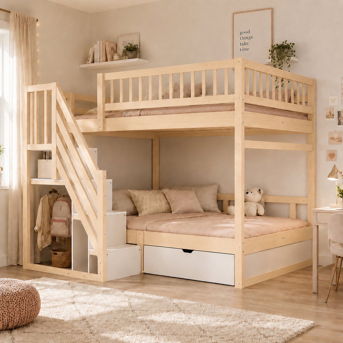 VVBV Stapelbed 140x200 cm - Uitvalbeveiliging, Opbergtrap, Met Lades, Ruimtebesparend - Houtkleur, Hout