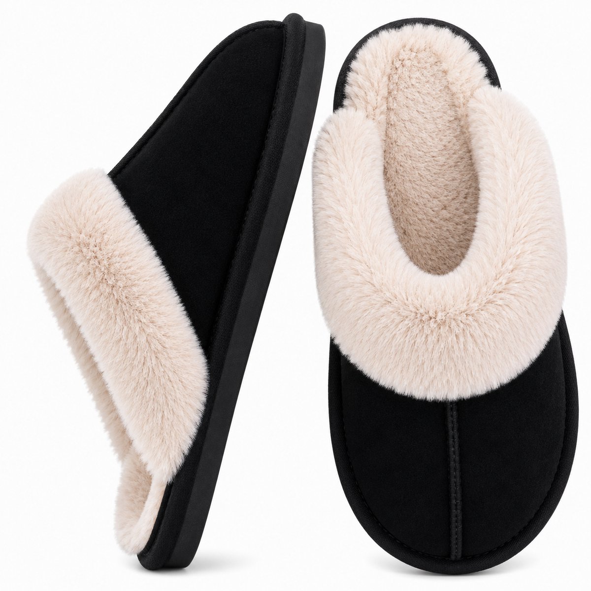 Heren Pantoffels - Warme Fluffy Sloffen - Pluche Huisschoenen met Antislip Zool - Comfortabele Winter Pantoffels - Zwart - Maat 42 -